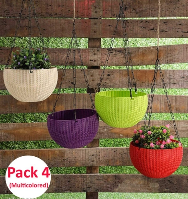  Multicolored  Rattan Woven  Plastic  Hanging Planters With Metal Hanging Chain (Flower Not included)Set of 4 - Free Size, Multicolor, Plastic, Pack of4